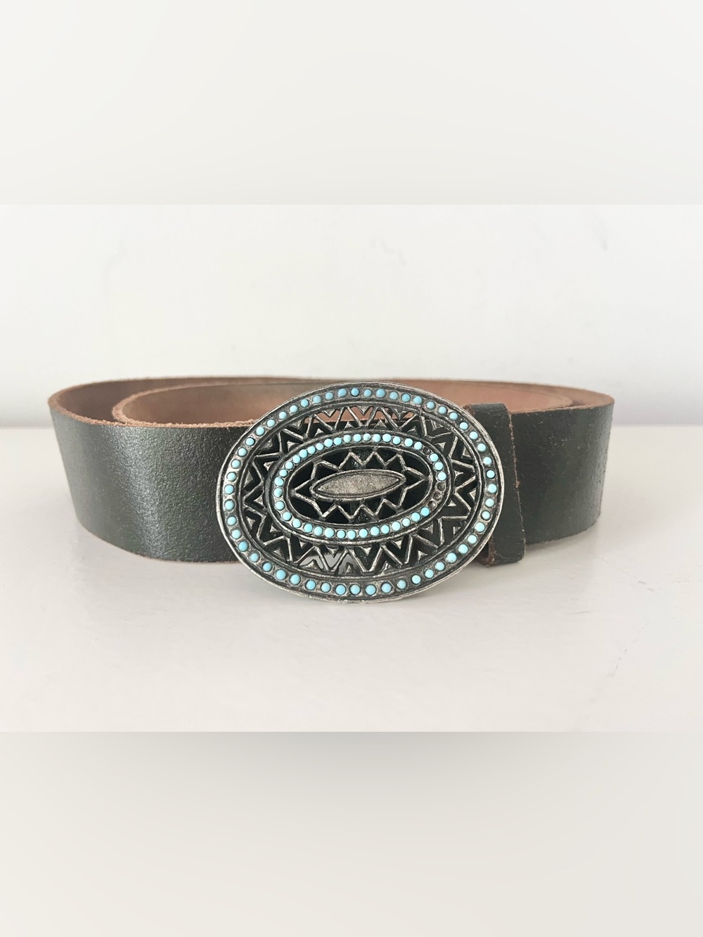 Statement Leather Belt Large Silver and Turquoise Buckle Western Boho Cowgirl